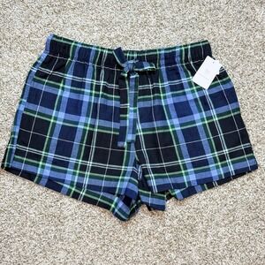 Auden Womens M Flannel Pajama Shorts Navy Blue Green Plaid Cotton Sleepwear NWT!